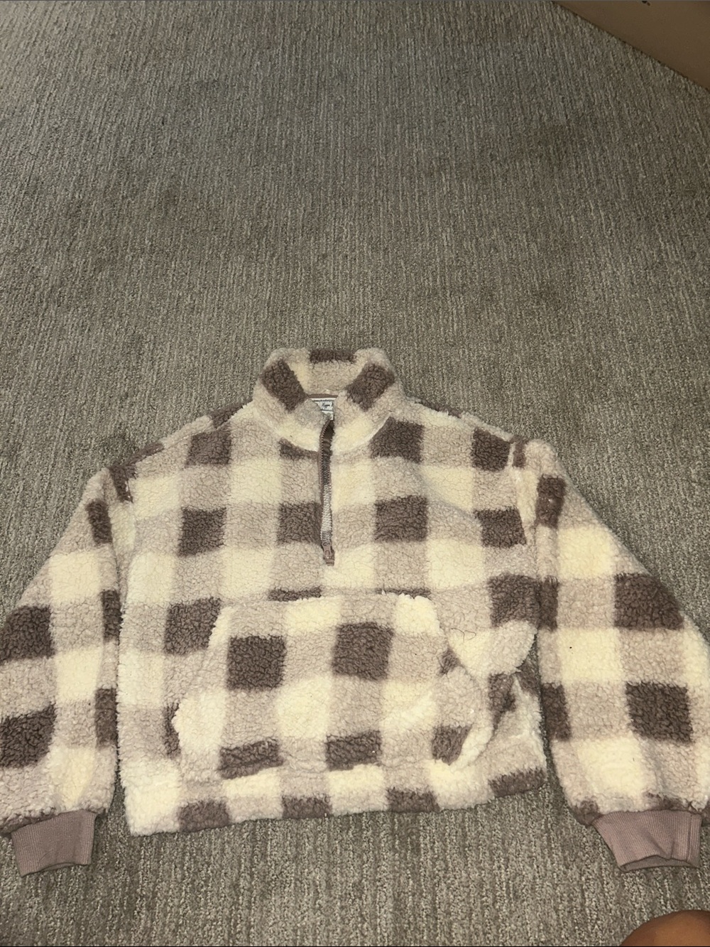 Plaid Sherpa Half-Zip Puffer Jacket in Cream and Brown